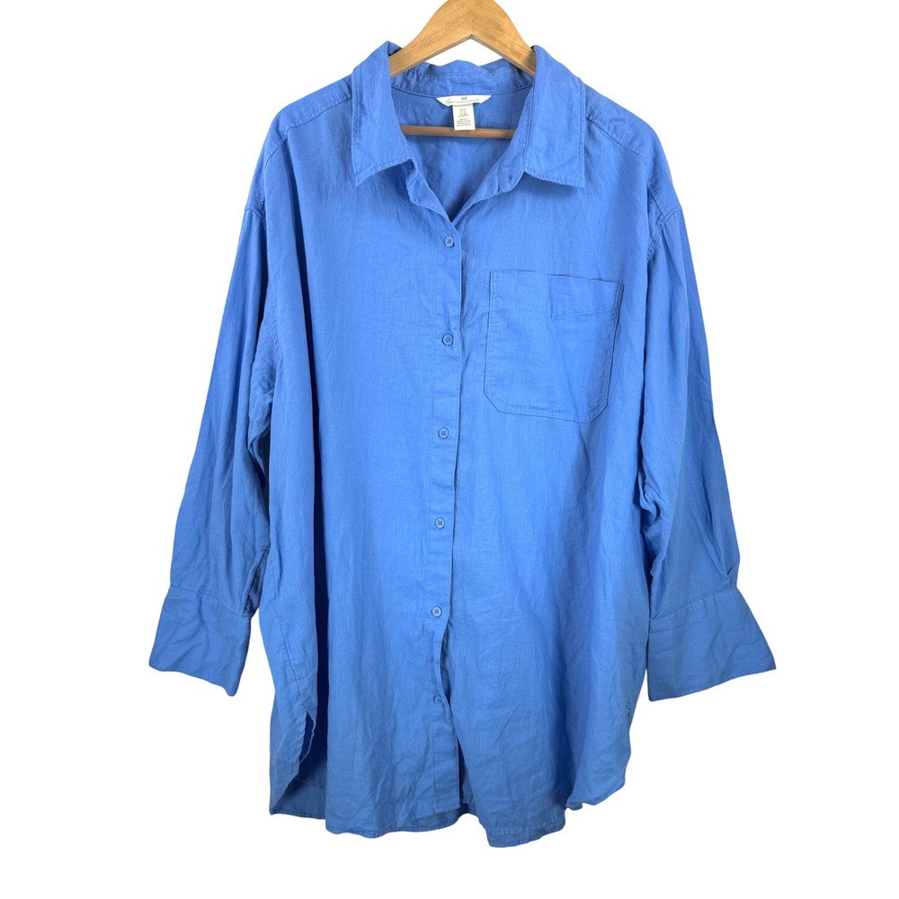 H&M Oversized linen blend Button Down Shirt sz XL Blue preppy minimalist 90s